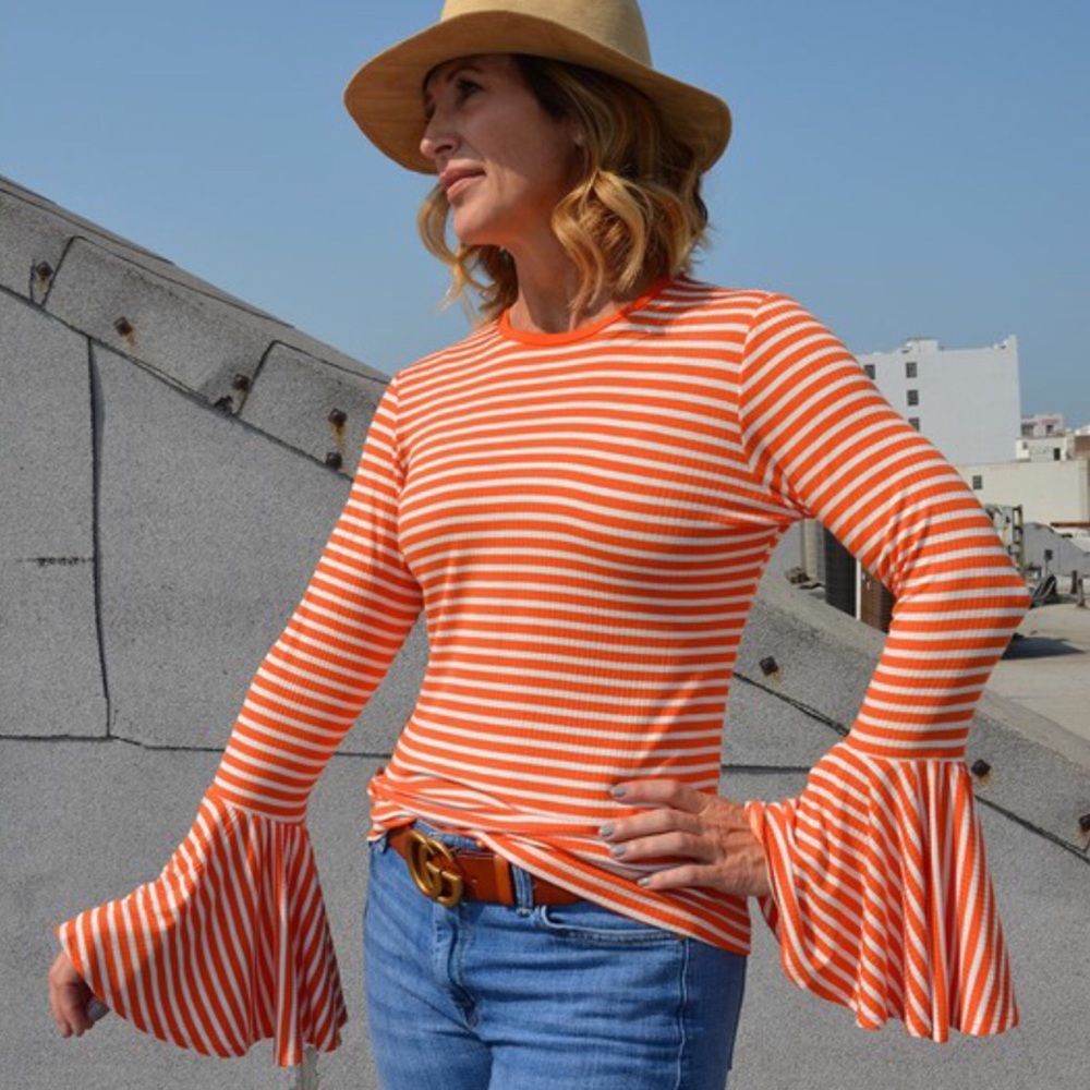 New Boho Striped Orange And White Bell Sle…